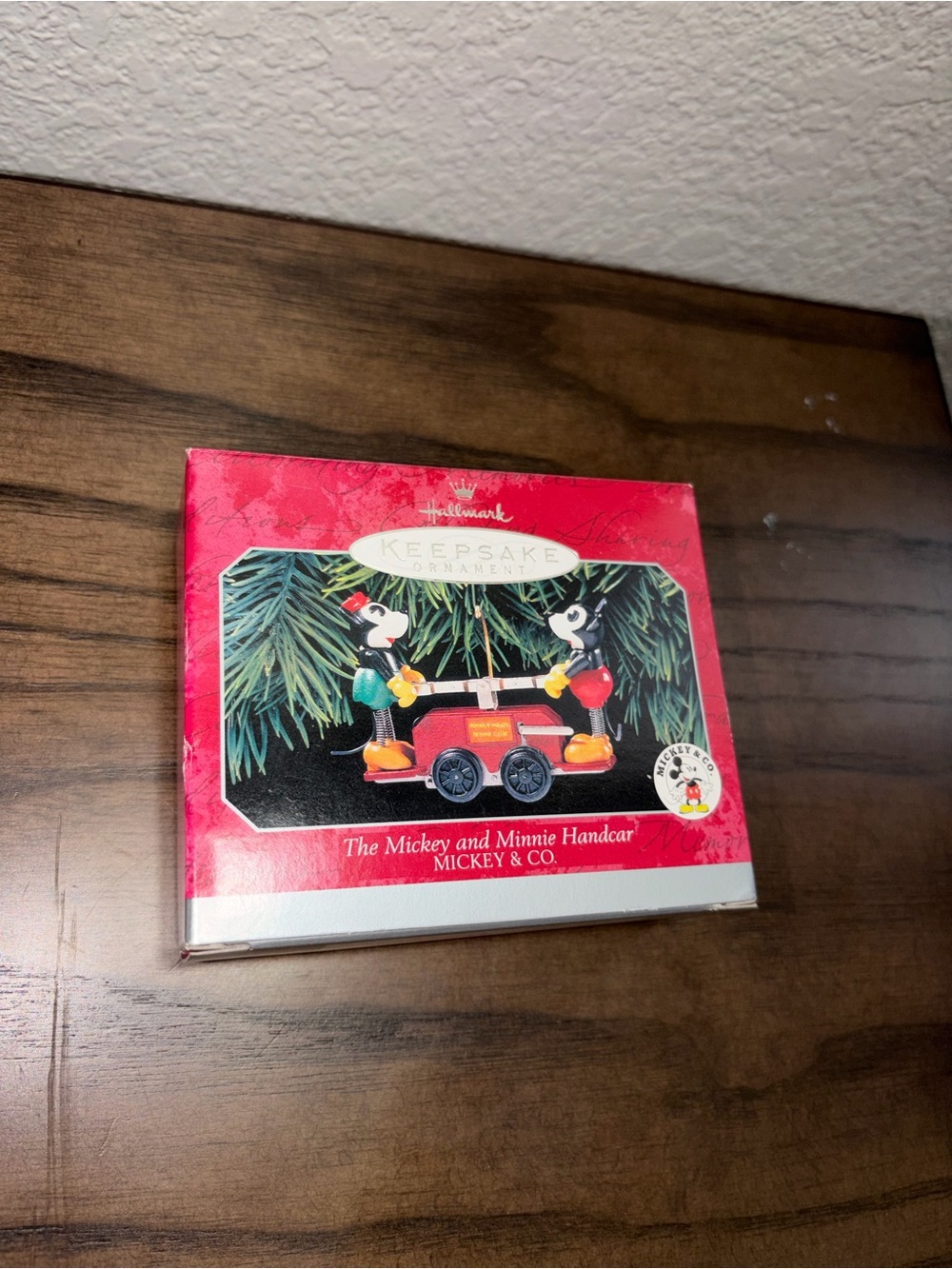 Hallmark Red and Green Mickey & Minnie Handcar Ornament